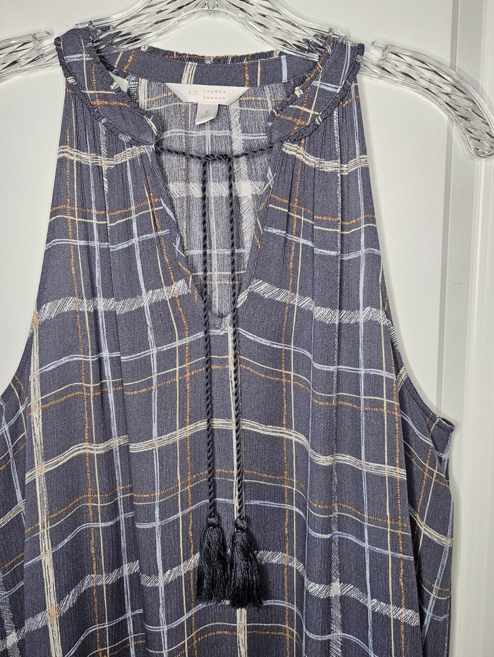 LC Lauren Conrad S Plaid Sleeveless Tassel Tie Boho Tank Top Gray Blue Preppy - Picture 5 of 13